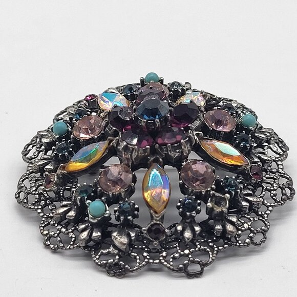 VTG Brooch Silver Tone AB Purple Pink Rhinestones w/ Blue Cabochon Accents *READ - Picture 2 of 8